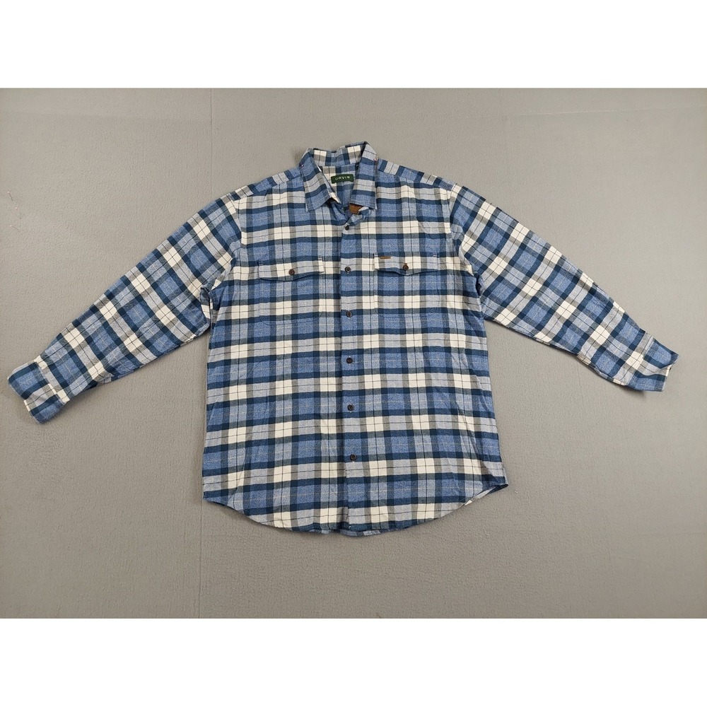 Orvis Men Shirt L Blue Plaid 100% Cotton Long Sleeve Button Down Pockets Casual